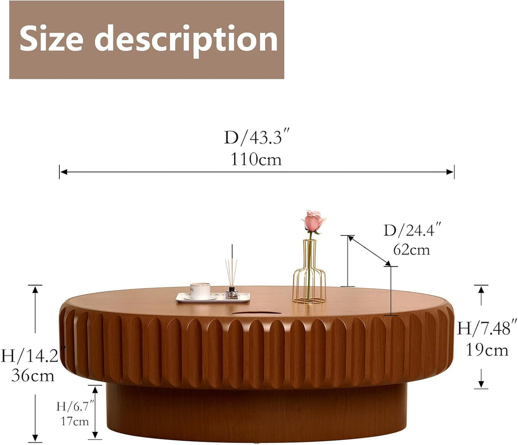 Round Drum Coffee Table White Fluted Coffee Table Circle Center Table Pedestal End Table for Apartment (Oval 43.3in)