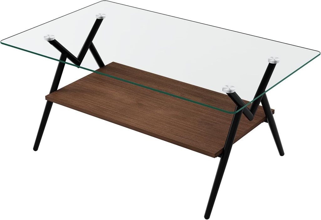 ODUSE-DAILY Coffee Table and End Table 3 Piece Living Room Set, Black Metal Frame Glass Top End Tables, Square Top Shelf, Sofa or Couch Side Tables, Mesa de Centro para Sala (3 Pcs)