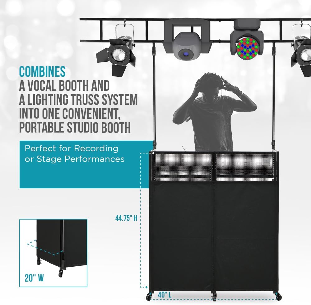 STEEL-AID Foldable, Portable DJ Controller Studio Booth With I-Beam Light Truss System & Carry Case - Professional DJ Tabletop Stand with Black & White Panels for Recording Sound Equipment & Lights