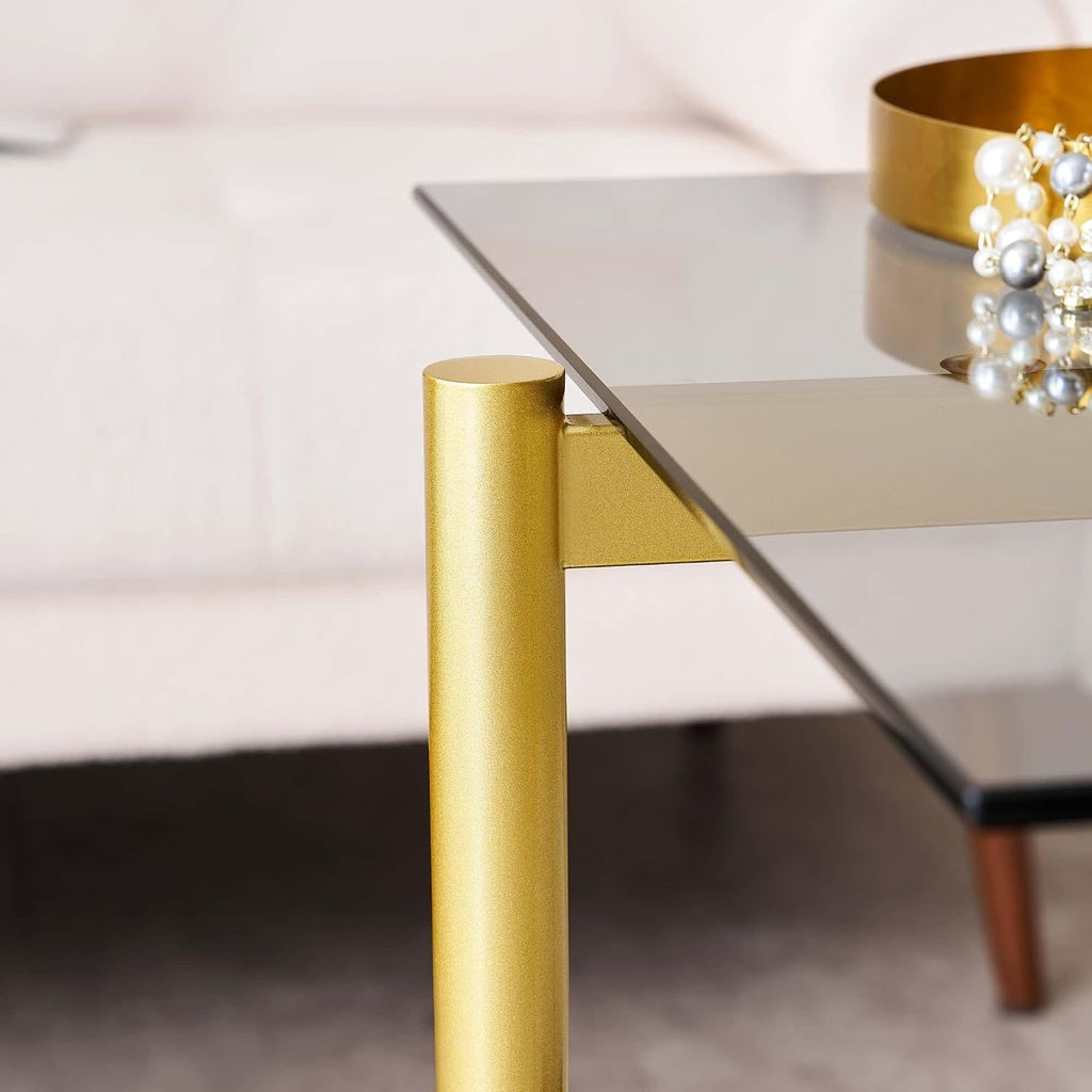 LumFurn Glass End Table, Mid-Century Modern Design Sofa Table, for Living Room, L18 x W18 x H23 in, Clear Glass Top and Walnut MDF Shelf, Sleek Conical Metal Legs with Gold Finish Frame