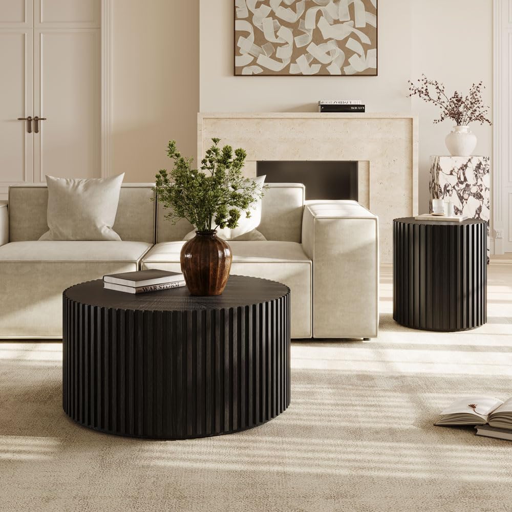 POVISON Mid Century Modern Coffee Table with Fluted Design, 31.5' Round Coffee Table for Living Room, Black Wood Coffee Table for Home Office Apartment