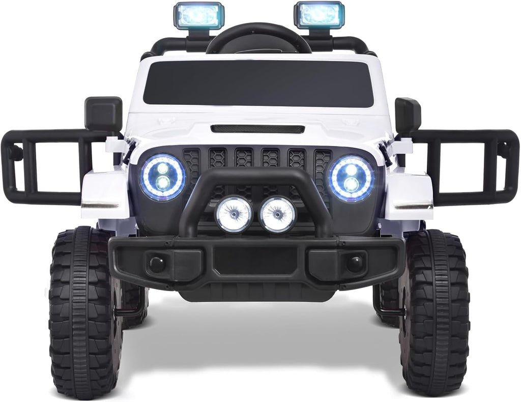 Joywhale 12V Kids Ride on Truck Battery Powered Motorized Car Electric Vehicle for Kids, with Remote Control, 4-Wheel Suspension, LED Lights, Music & FM, Seat Belt, Portable Handle, White