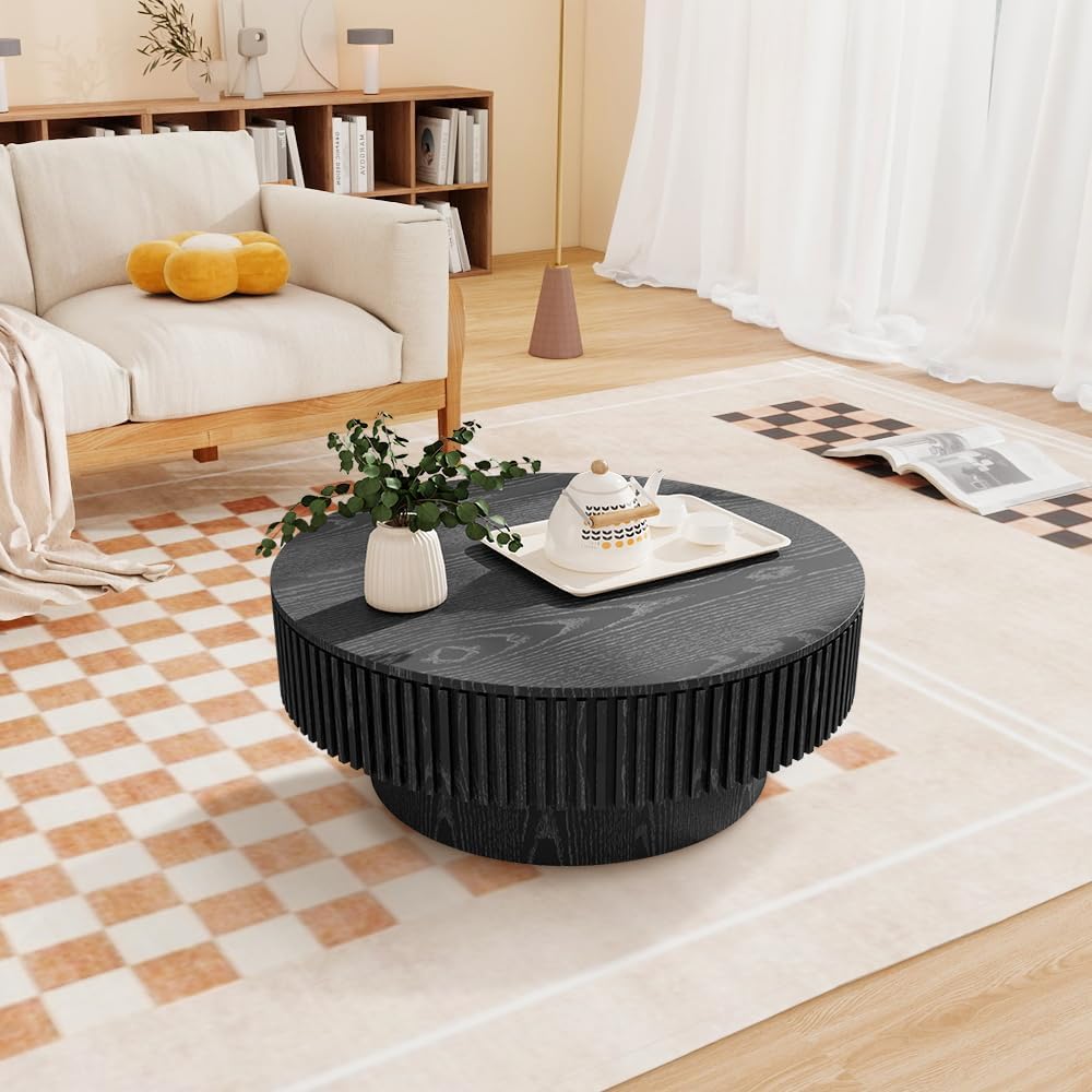 31.5'' Round Coffee Table for Living Room, Fluted Coffee Table with Hidden Storage, Solid Wood Veneered Circle Table, Modern Tea Table for Small Space Apartment (Black)