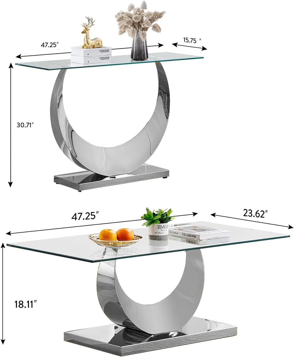 2 Pieces Living Room Table Set, Glass Coffee Table Set of 2, Modern Coffee Table and Console Table with U-Shaped Stainless Steel Base for Living Room (Silver)