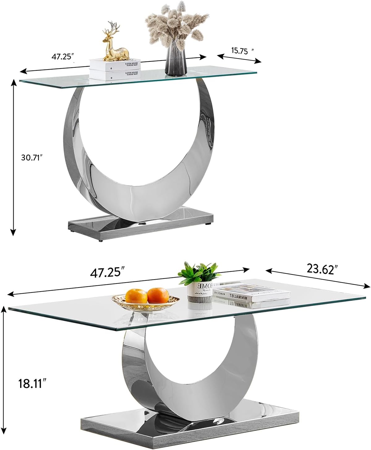 2 Pieces Living Room Table Set, Glass Coffee Table Set of 2, Modern Coffee Table and Console Table with U-Shaped Stainless Steel Base for Living Room (Silver)