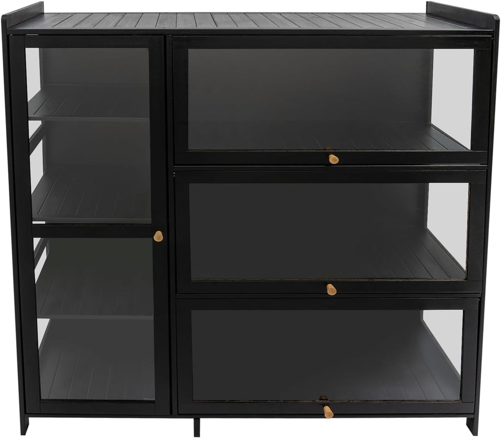 Display Cabinet with Acrylic Doors, 7 Storage Spaces Storage Cabinet & Curio Cabinet with Clear Acrylic Doors, Modern Black Bamboo & Composite Wood for Collectibles, Kitchen, Living Room