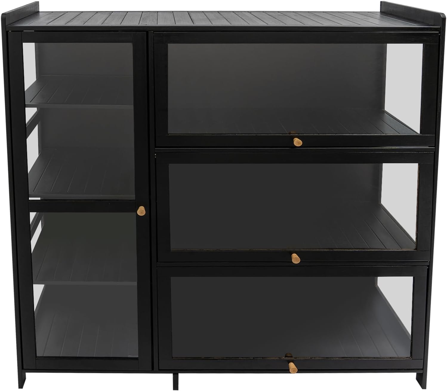 Display Cabinet with Acrylic Doors, 7 Storage Spaces Storage Cabinet & Curio Cabinet with Clear Acrylic Doors, Modern Black Bamboo & Composite Wood for Collectibles, Kitchen, Living Room