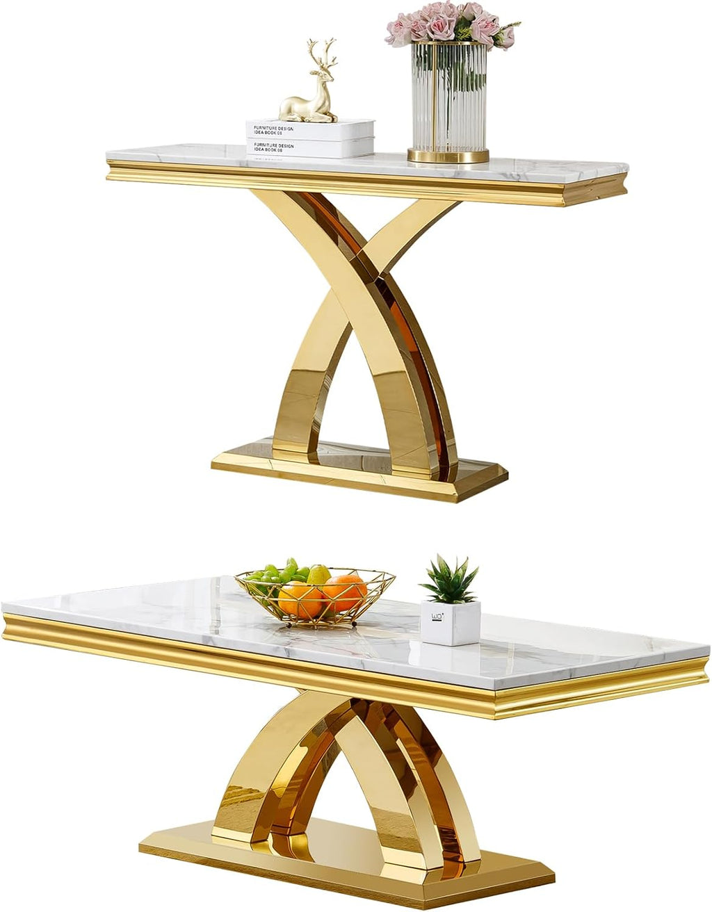 Marble Coffee Table Set of 2, 2 Piece Living Room Table Set Include 1 Coffee Table & 1 Sofa Table,Modern White Gold Coffee Table and Console Table Sets with Double X Shape Stainless Steel Base