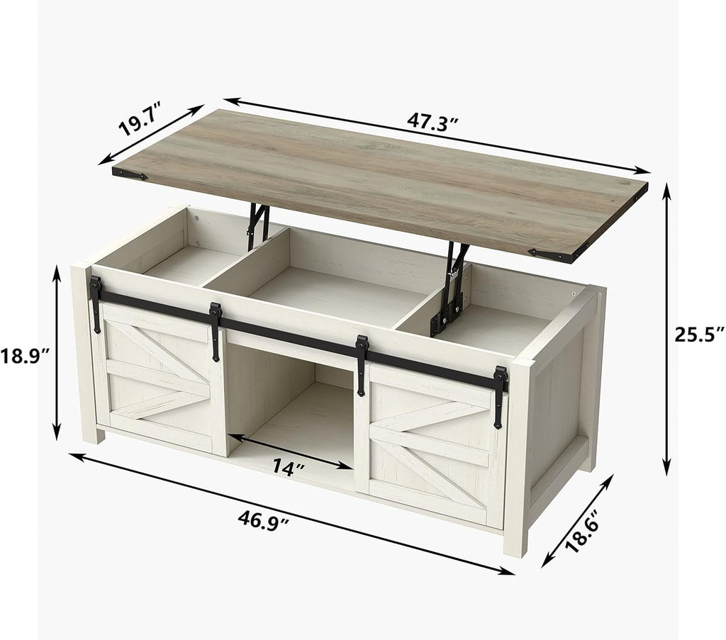 Furnihold 47.3''Lift Top Coffee Table, Farmhouse Center Table with Large Storage & Sliding Barn Doors, Modern Rectangular White Cocktail Table for Living Room, Grey Top