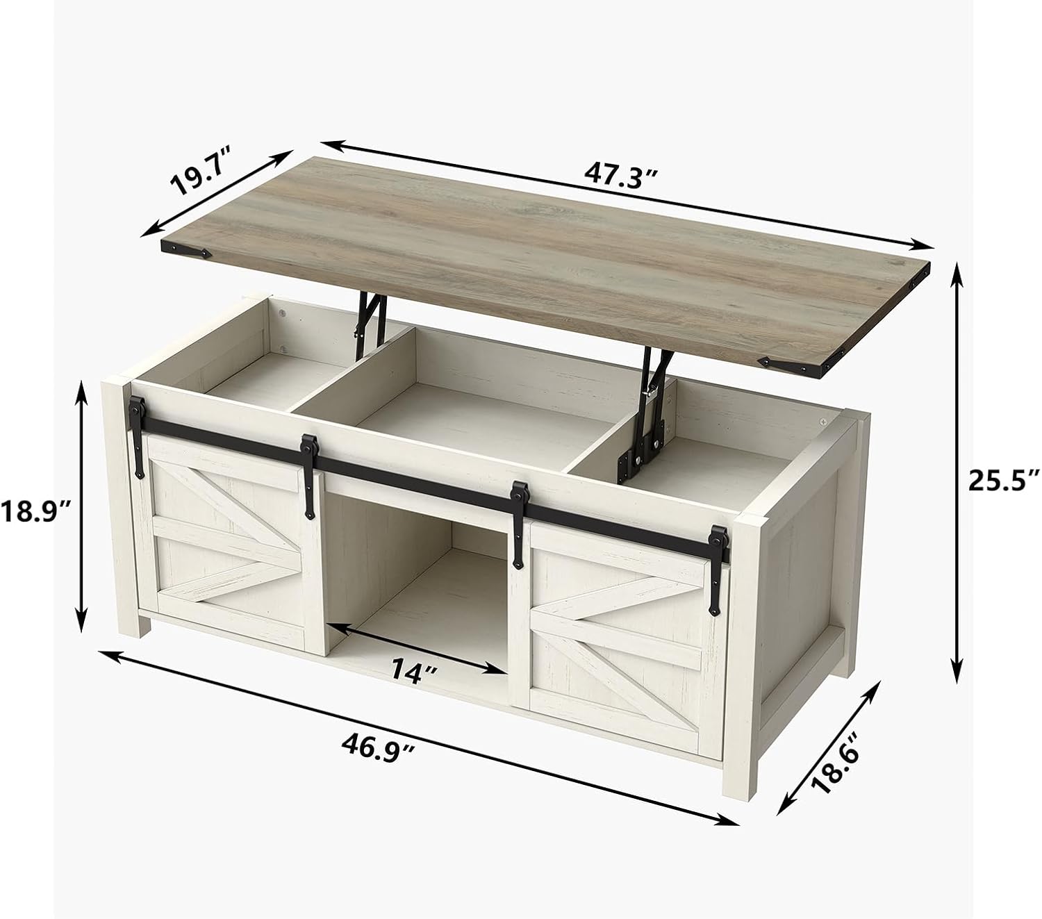 Furnihold 47.3''Lift Top Coffee Table, Farmhouse Center Table with Large Storage & Sliding Barn Doors, Modern Rectangular White Cocktail Table for Living Room, Grey Top