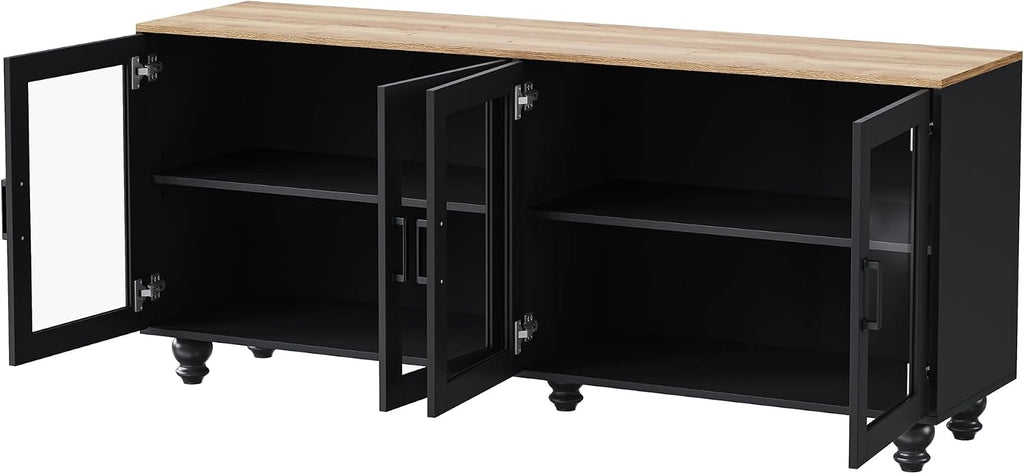 Ball & Cast Farmhouse TV Stand with Tempered Glass Doors for TVs up to 70',Sideboard Buffet w/5 Solid Wood Gourd-Shaped Legs & Adjustable Shelf,Entertainment Center for Living Room,Black+Natural