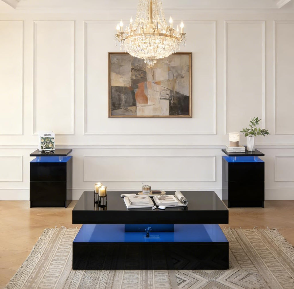 3-Piece Modern Black Living Room Set, LED Lighted Coffee Table + 2 End Tables with Storage Drawers, Black