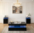 3-Piece Modern Black Living Room Set, LED Lighted Coffee Table + 2 End Tables with Storage Drawers, Black