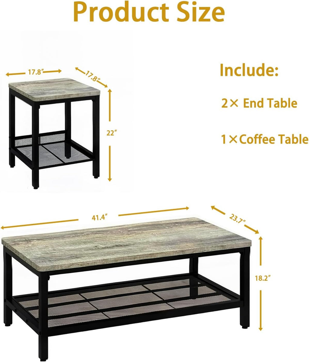 Coffee Table Set of 3,Industrial Coffee Table and 2 End Side Tables,Easy Assembly Coffee and End Tables Sets with Metal Legs, for Office, Living Room and Apartment (Grey)