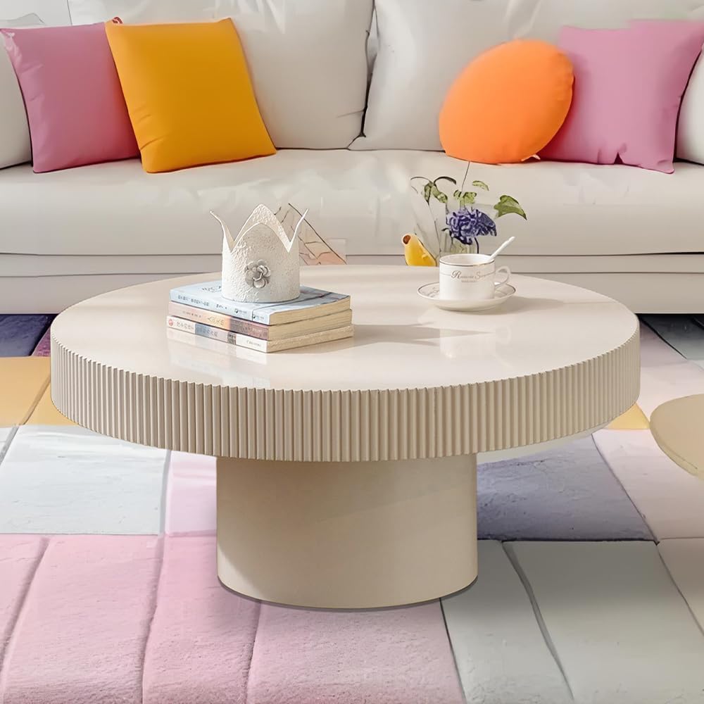 Round Fluted Coffee Table Round Drum Coffee Table for Living Room Modern Circular Pedestal Center Table (Circle Ivory White 30.7in)