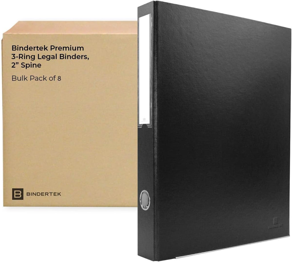 Bindertek 3-Ring Premium Legal Binder for 8.5' x 14' Paper, Pack of 8 - Black, 2' Spine Width, 325 Sheet Capacity, 1.25' D-Rings, Linen-Textured Covers, Steel Reinforced Edges, Spine Label Included