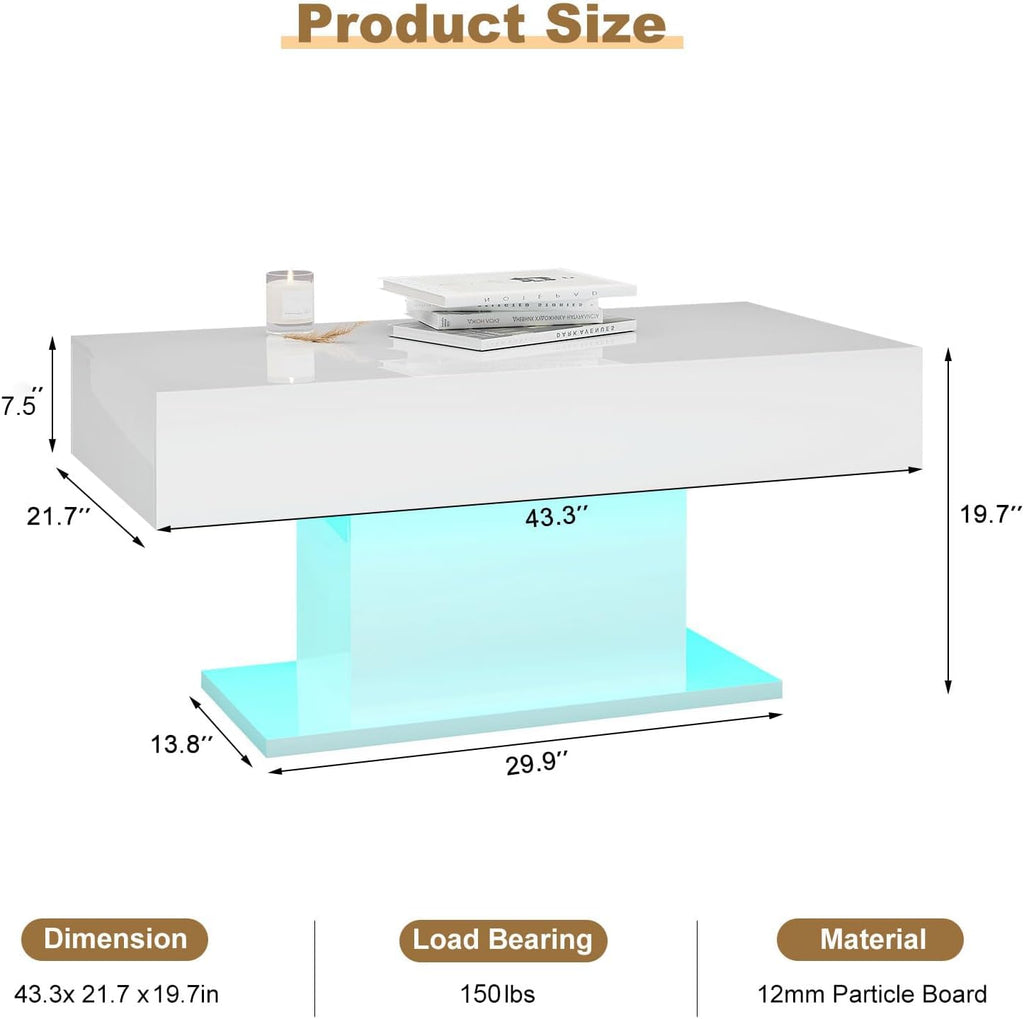 HedoAjim Led Coffee Table for Living Room, Living Room Table Rectangular Center Table, Modern High Glossy Wooden Coffee Tables with 16 Colors LED Lights for Dining Reception Room, White