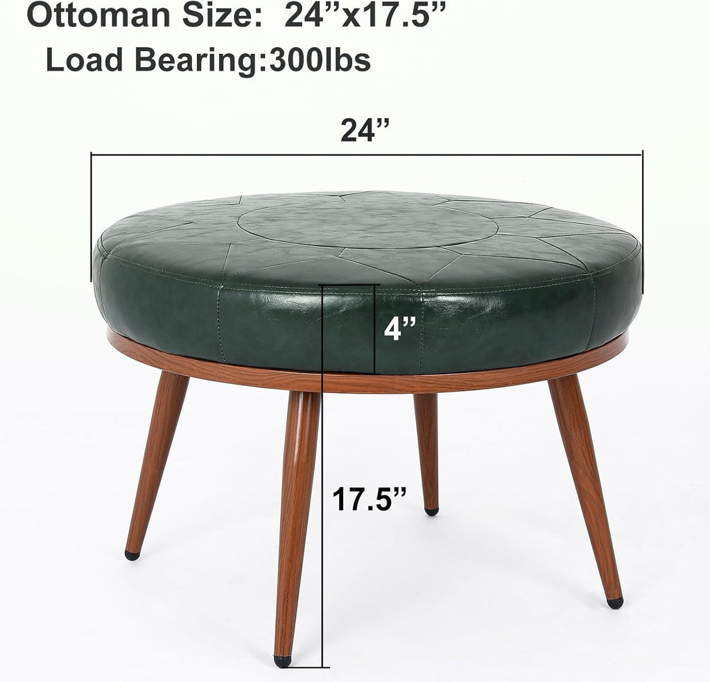 Green Round Ottoman Coffee Table, 24-Inch Faux Leather Cushioned Footstool with Solid Wood Bookshelf & Frame, Multifunctional Storage Ottoman for Living Room, Bedroom
