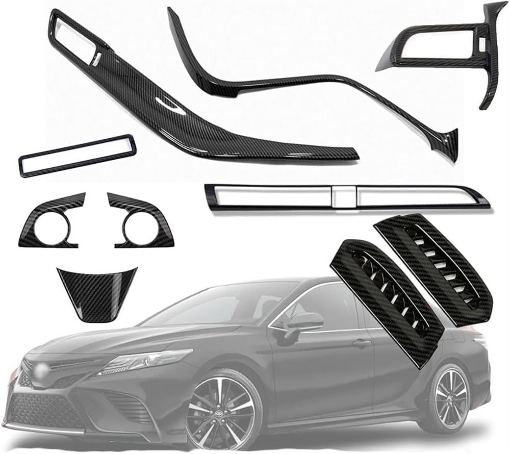 For Toyota Camry LE SE XLE XSE 2018 -2020 Models Carbon Fiber Black plastics ABS Full Set of Car Interiors Instrument Panel Center Console Trim Air Outlet Steering Wheel Cover Car Accessories 10pcs