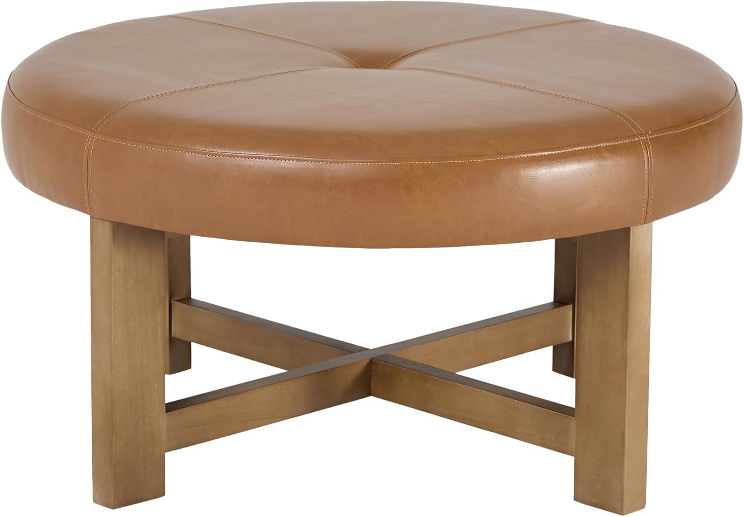 Christopher Knight Home Ladin Modern Round Ottoman Coffee Table, Faux Leather Cocktail Ottoman for Living Room Sofa, Entryway Comfortable Footstool, Wooden Ottoman Foot Rest, Light Brown+Walnut