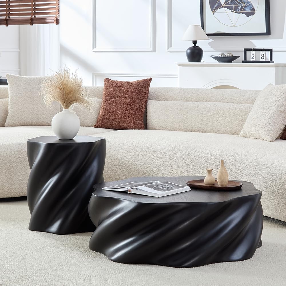 WILLIAMSPACE 17.72' End Table with Flower Shaped, Modern Drum Distorted Small Coffee Table Faux Stone Side Table for Living Room Apartment, Fiberglass, No Assembly (Black)