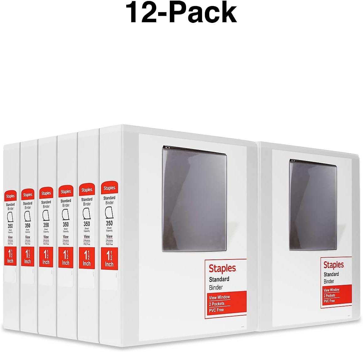 Staples 3‑Ring Binder, 1.5' D‑Ring, White, Mid‑Capacity Organizer for Home, Office & School, Holds up to 350 Sheets, 12‑Pack
