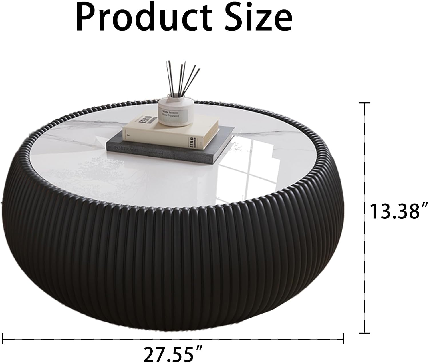 Round Drum Coffee Table Luxury Sintered Stone Top Coffee Table in Black Leatherette, Fully Assembled Drum-Shape Cocktail Center Table for Living Room Bedroom