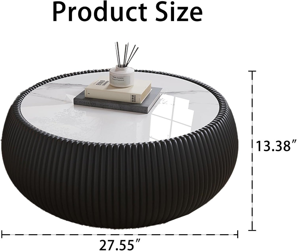 27.55' Round Marble Coffee Table,Modern Fluted Coffee Table with White Sintered Stone Top & Black PU Leather Covered, Modern Drum Coffee Cocktail Center Tables for Living Room,No Need Assembly
