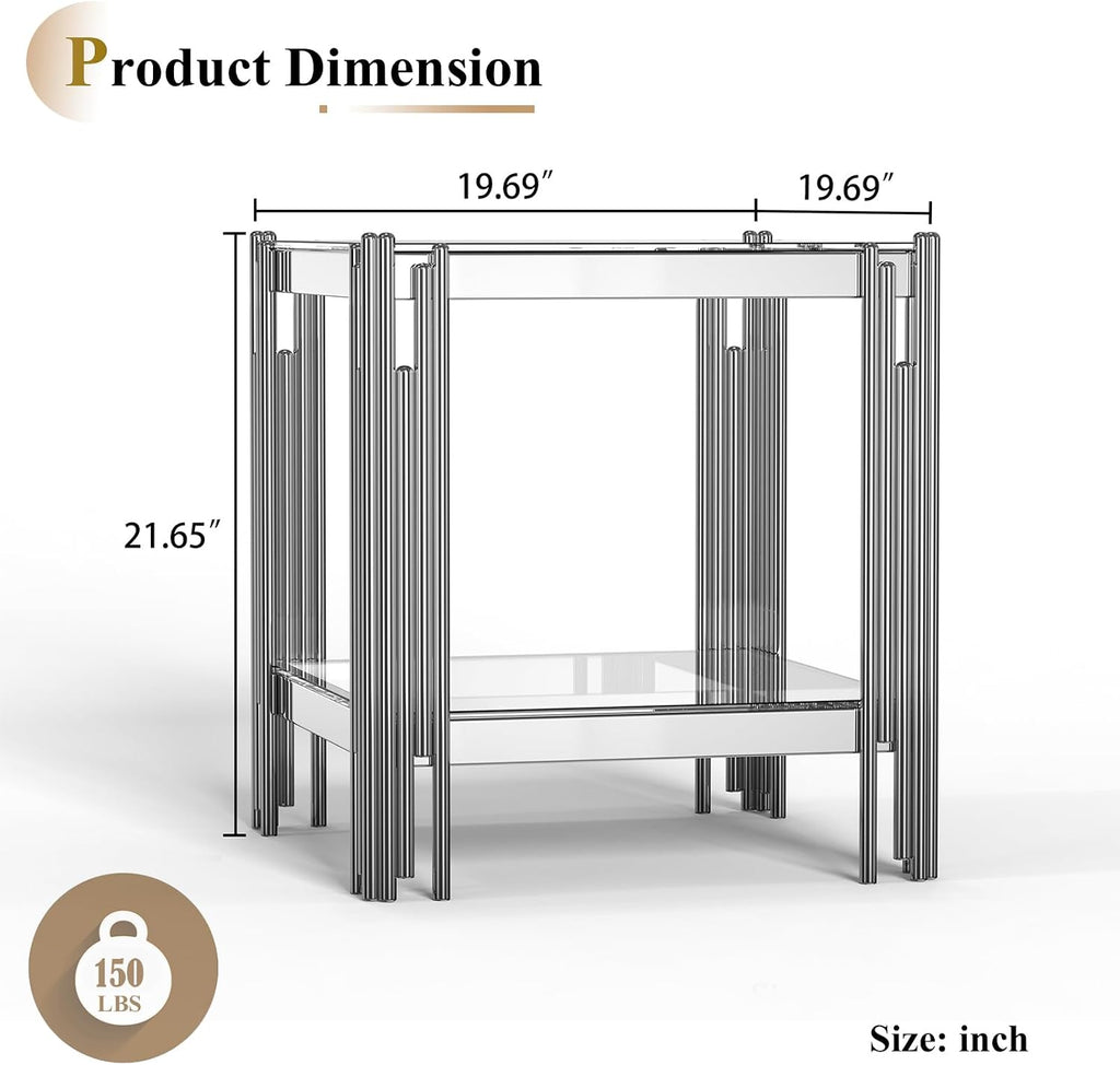 Modern Glass End Table, 20' Suqare Side Table with Silver Mirrored Stainless Steel Frame, 2-Tier Clear Glass End Table Nightstand Pedestal Stand Lamp Table for Living Room, Bedroom, Office