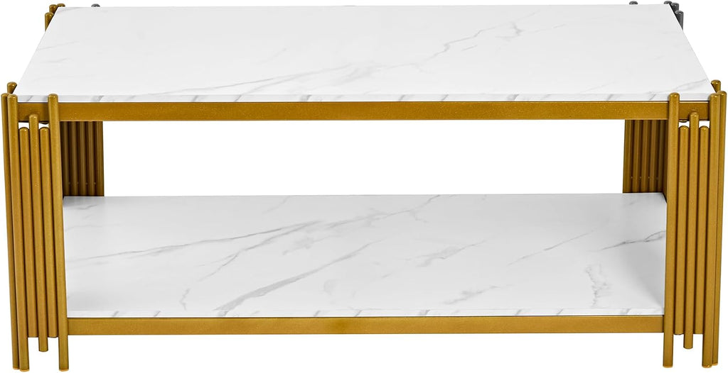 45'' Modern 2-Tiers Coffee Table with Golden Iron Frame, White Faux Marble Top, Rectangle Cocktail Center Table for Living Room Office, White and Gold Coffee Side Table for Apartment