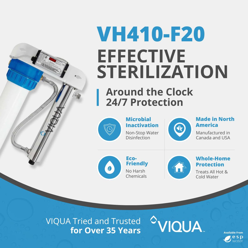 Viqua VH410-F20 UV Home Water Treatment System with Integrated Pre-Filter, 18 GPM for Whole House and Light Commercial Filtration, Stainless Steel 3/4 MNPT 120V for Sediment Rust Removal