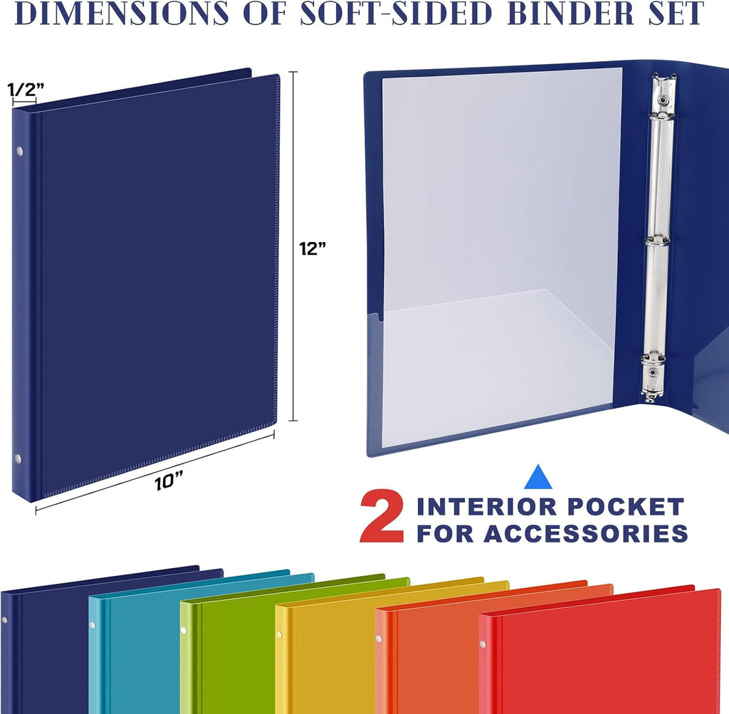 Fulmoon 48 Pack 3 Ring Plastic Binders 1/2 Inch Bulk with 2 Pockets, Flexible Binder Loose Leaf Hardcover, Fit 12' x 10' US Letter Size Paper, for School Office Home, 6 Colors(Vibrant)