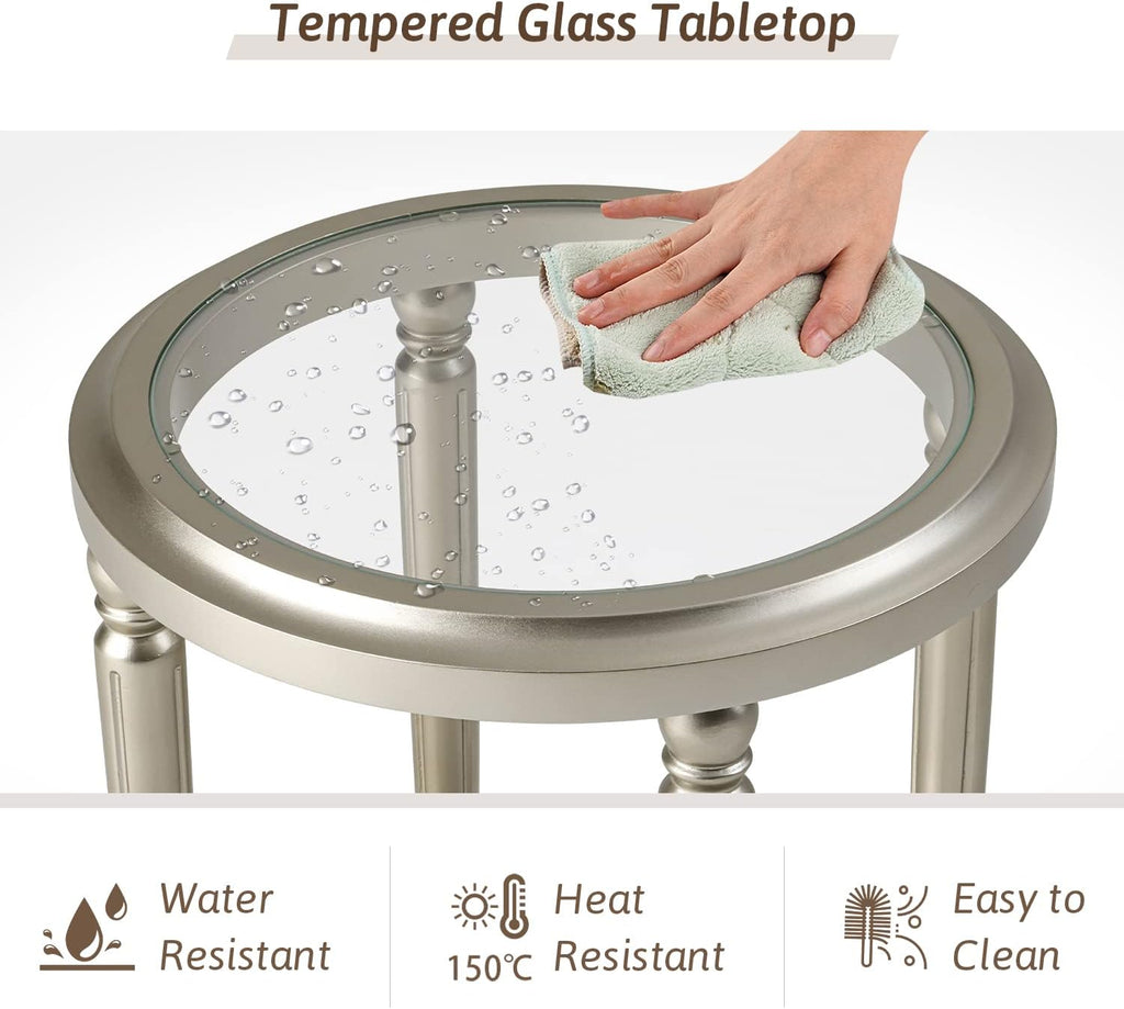 COSIEST Set of 2 Modern Round End Table, 2-Tier Glass Side Table with Glass Tabletop, Wood Accent Table with Storage Shelf for Living Room, Bedroom