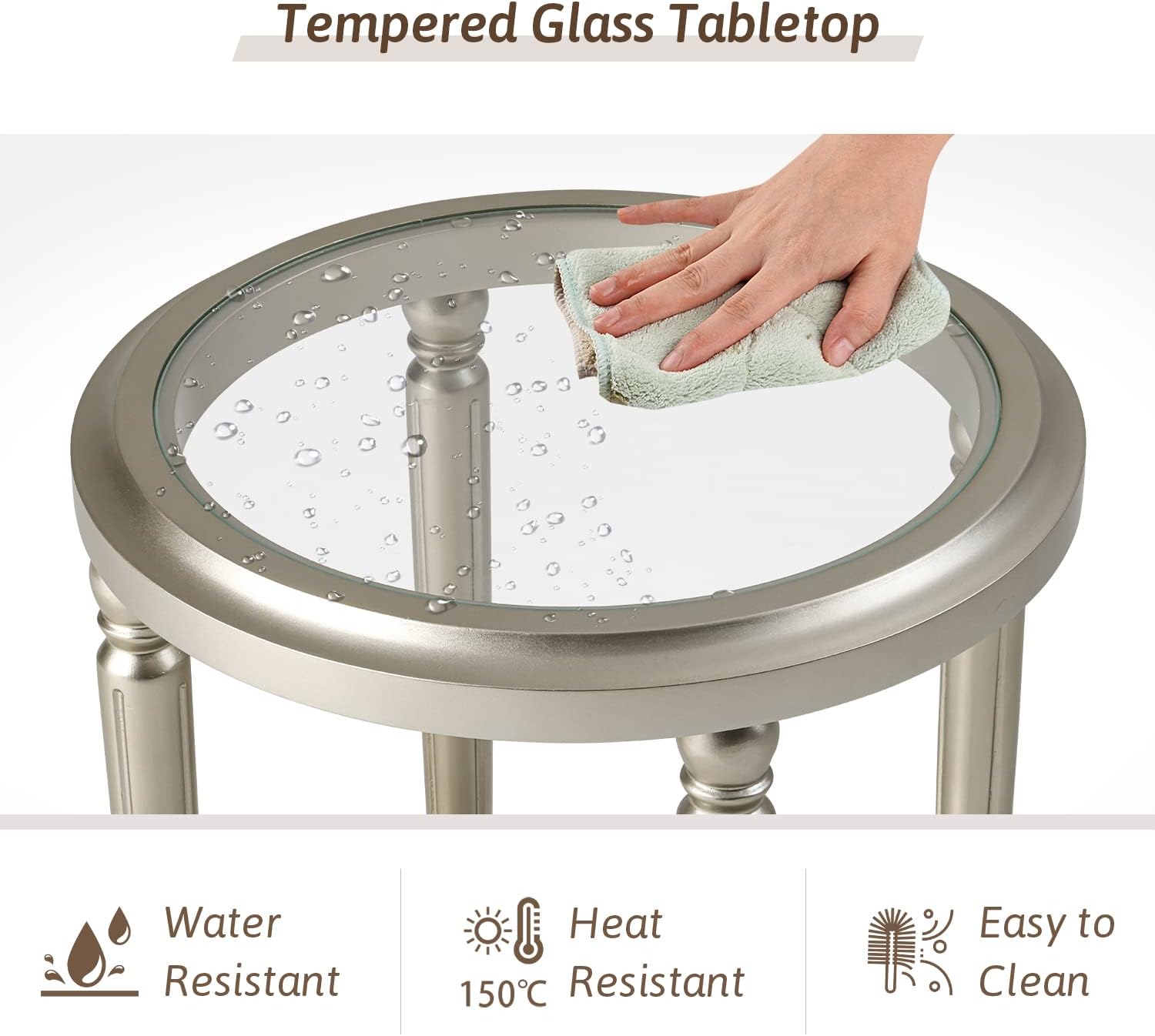COSIEST Set of 2 Modern Round End Table, 2-Tier Glass Side Table with Glass Tabletop, Wood Accent Table with Storage Shelf for Living Room, Bedroom