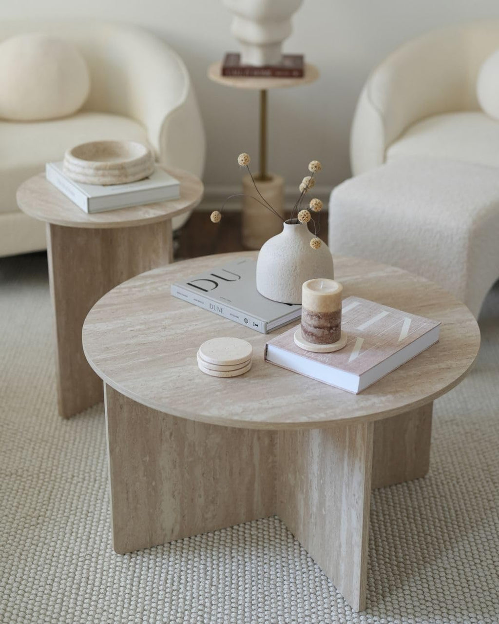Round Coffee Table for Small Space, with a Strong X-Frame Base Modern Coffee Table for Living Room, Footpads Prevent Scratching The Floor