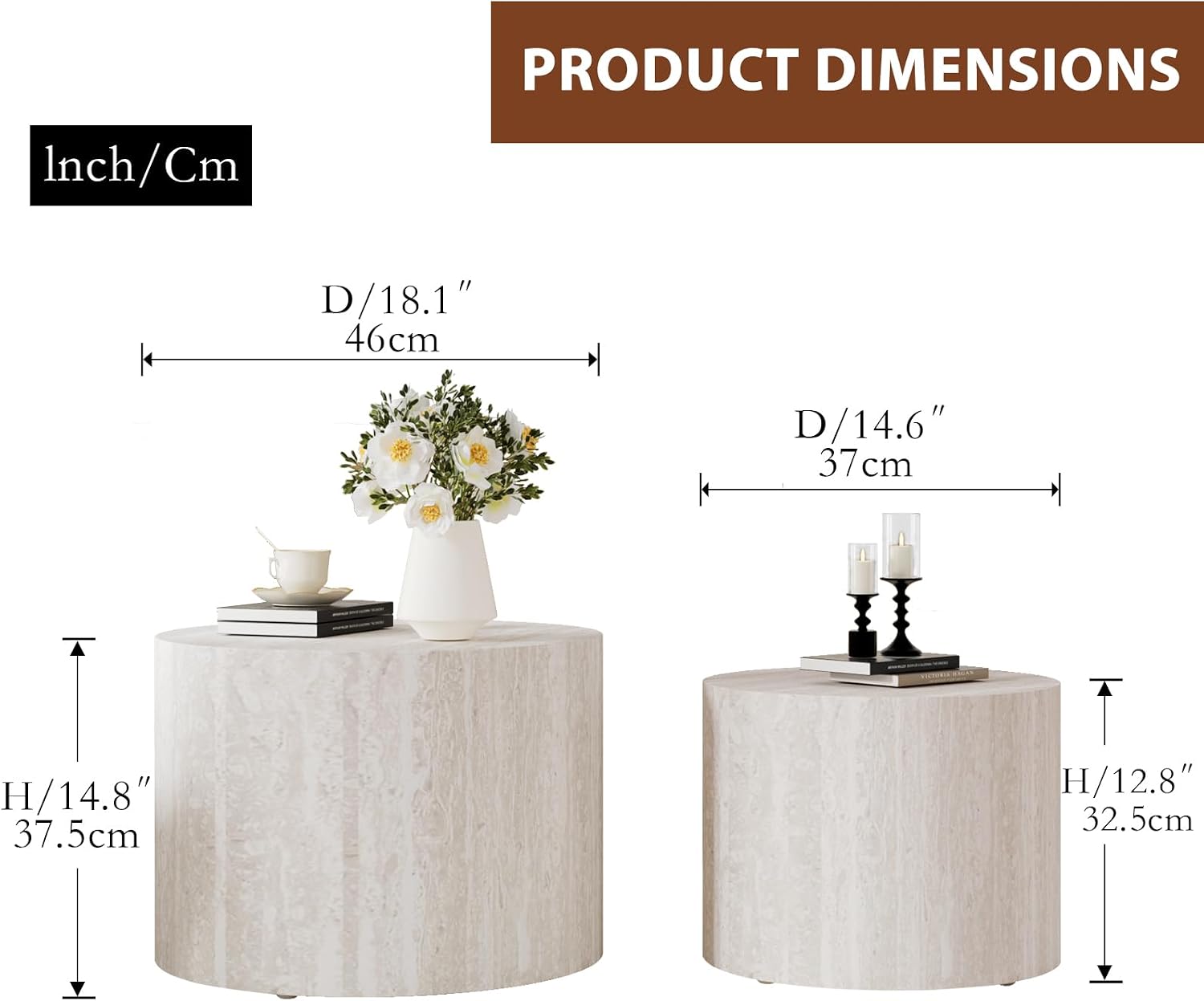 Travertine Round Coffee Table Set of 2, Nesting Coffee Tables and End Table Set Wood Small Circle Drum Side Table for Living Room, Apartment, Office, No Assembly (Travertine)