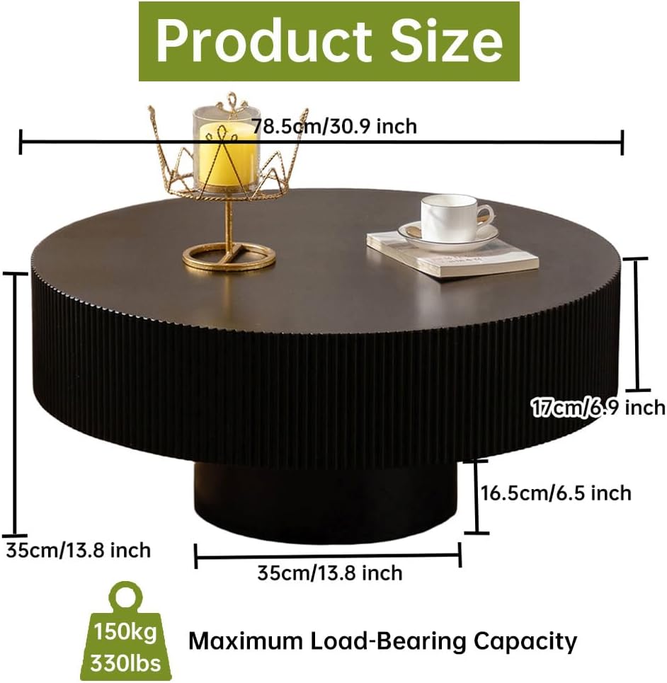 Round Fluted Coffee Table Round Drum Coffee Table for Living Room Modern Circular Pedestal Center Table (Circle Black 30.9in)