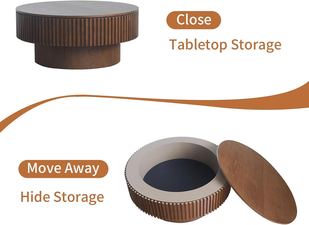 31.5'' Round Coffee Table for Living Room, Fluted Coffee Table with Hidden Storage, Solid Wood Veneered Circle Table, Modern Tea Table for Small Space Apartment (Walnut-31.5''D×14''H)