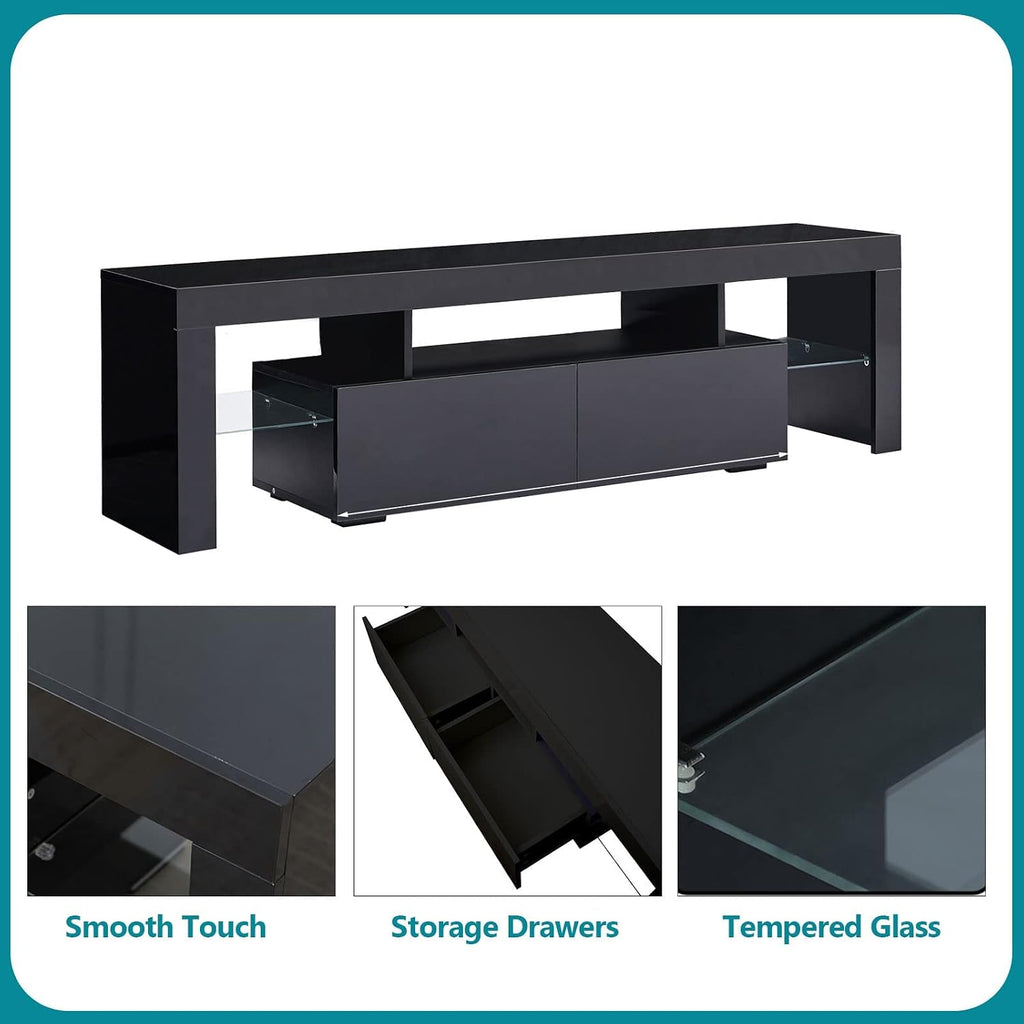 Black LED TV Stand for 50/60/70 Inch TVs with Color Change LED Lighting, Universal Entertainment Center for Video Gaming, Movies, and Home Decor, Clear Glass Shelving (Black3)