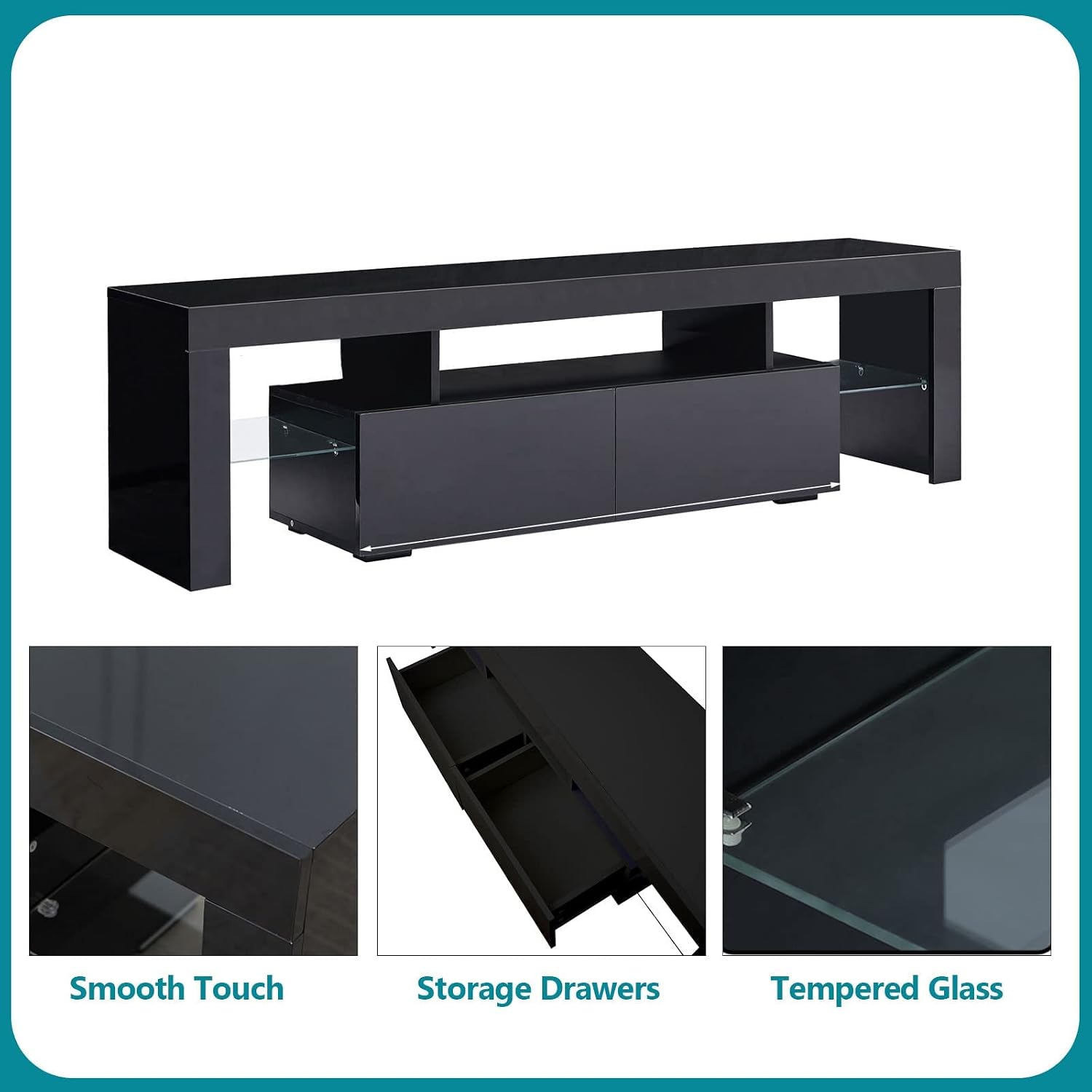 Black LED TV Stand for 50/60/70 Inch TVs with Color Change LED Lighting, Universal Entertainment Center for Video Gaming, Movies, and Home Decor, Clear Glass Shelving (Black3)