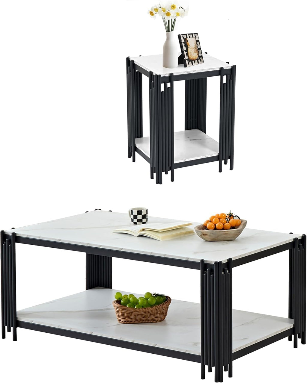 Faux Marble Coffee Table Set of 2, Modern 2 Tier Coffee Table End Table Set with Black Metal Frame and Storage Shelf, 2 Piece Marble Living Room Table Set for Apartment Home Office