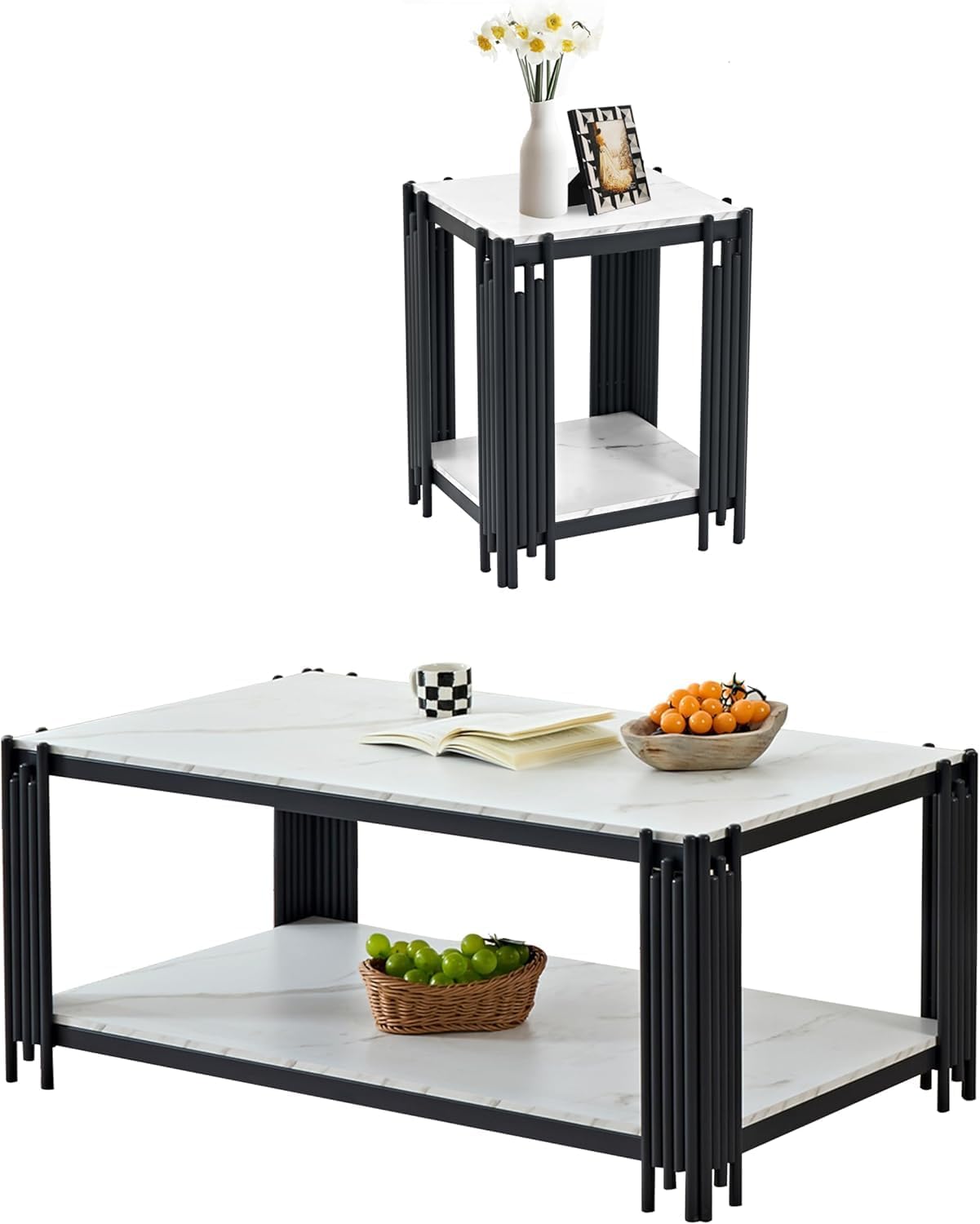 Faux Marble Coffee Table Set of 2, Modern 2 Tier Coffee Table End Table Set with Black Metal Frame and Storage Shelf, 2 Piece Marble Living Room Table Set for Apartment Home Office