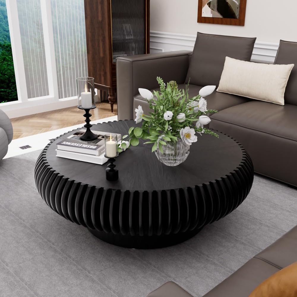 Round Coffee Table for Living Room Modern Solid Wood Fluted Design Coffee Tables with Sturdy Pedestal for Small Space Circle Center Table Accent Tea Table for Apartment, Easy Assemble (Black, 31.4)