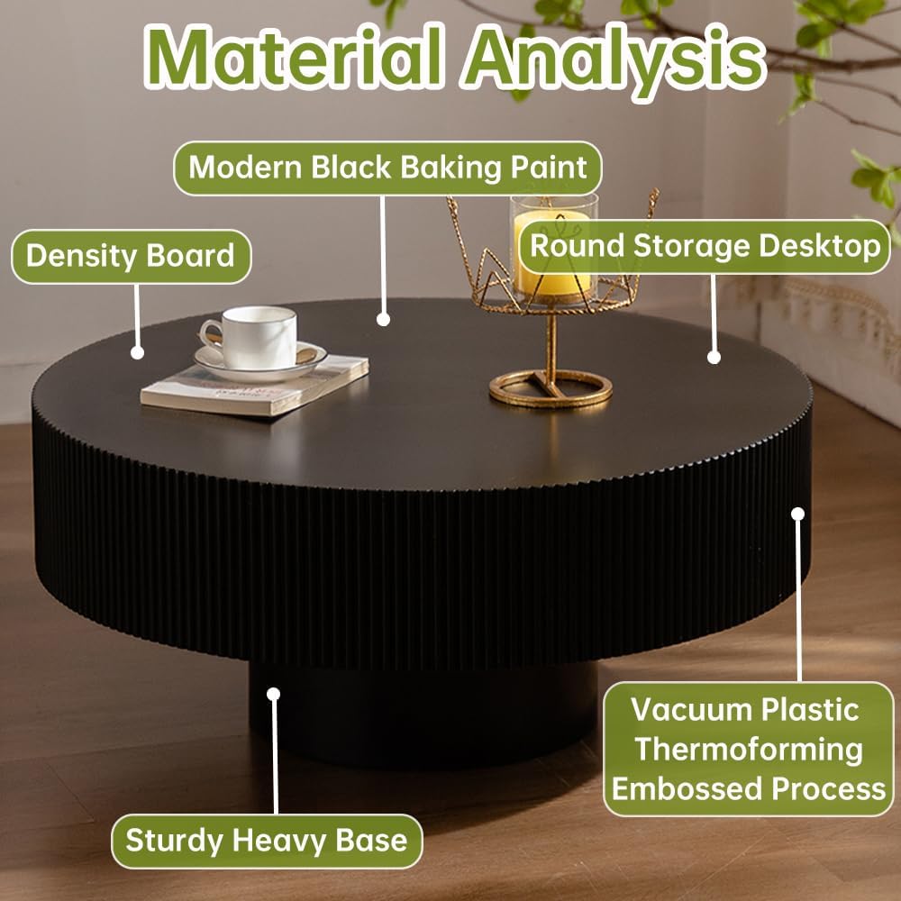 Round Fluted Coffee Table Round Drum Coffee Table for Living Room Modern Circular Pedestal Center Table (Circle Black 30.9in)