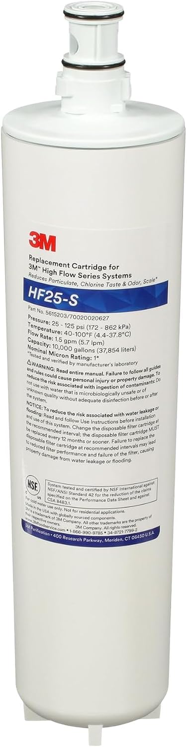 3M HF25-S High Flow Series Genuine Replacement Filter Cartridge for ICE125-S Water Filter System,Reduces Chlorine,Taste and Odor,Scale,and Particulate 1 Micron,1.5 gpm,5615203,(Pack of 6)