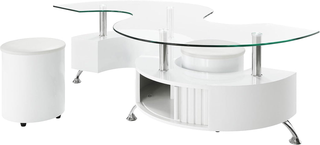 Coaster Home Furnishings - Buckley - Wood and Glass - 3-Piece Coffee Table and Stools Set - Curved Serpentine Shape, Faux Leather Upholstered Stools - Living Room - 51-Inch - White High Gloss - 703400