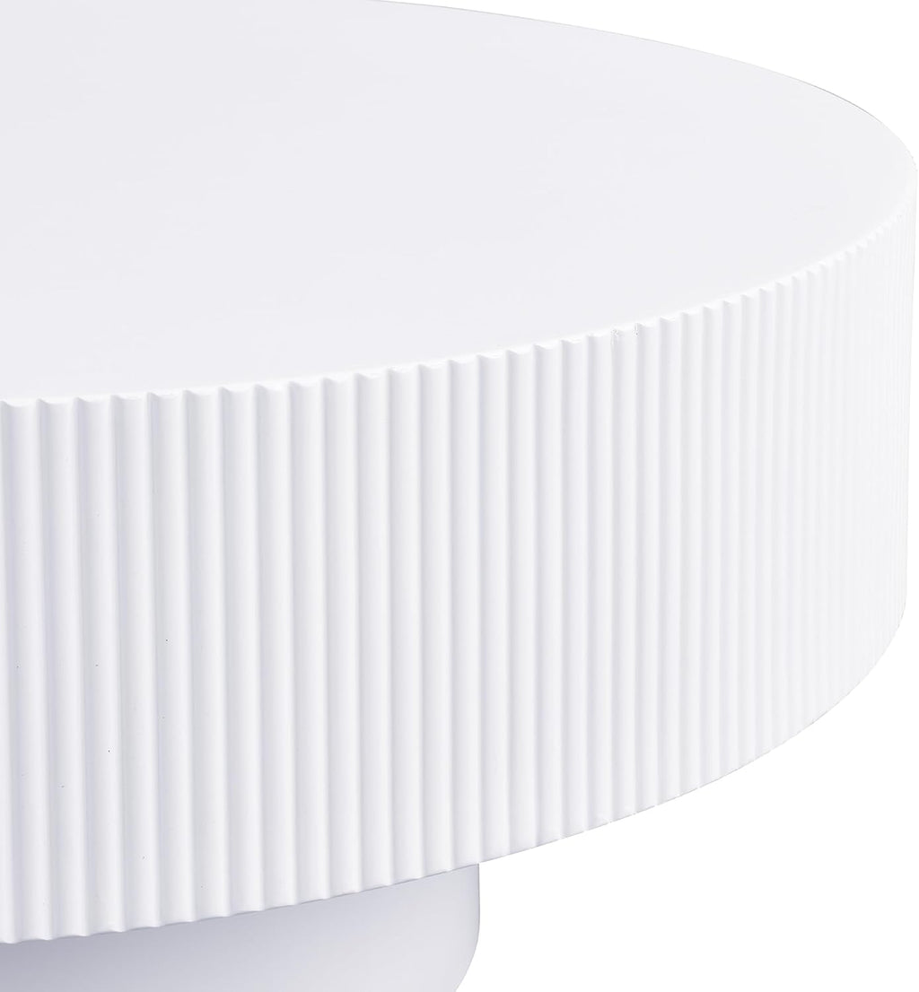 SOFTSEA Round Coffee Table for Living Room, Modern Drum Center Table, Fluted Side Table with Sturdy Base for Bedroom, Office, Apartment, 31.5'L x 31.5W x 13.7'H, White