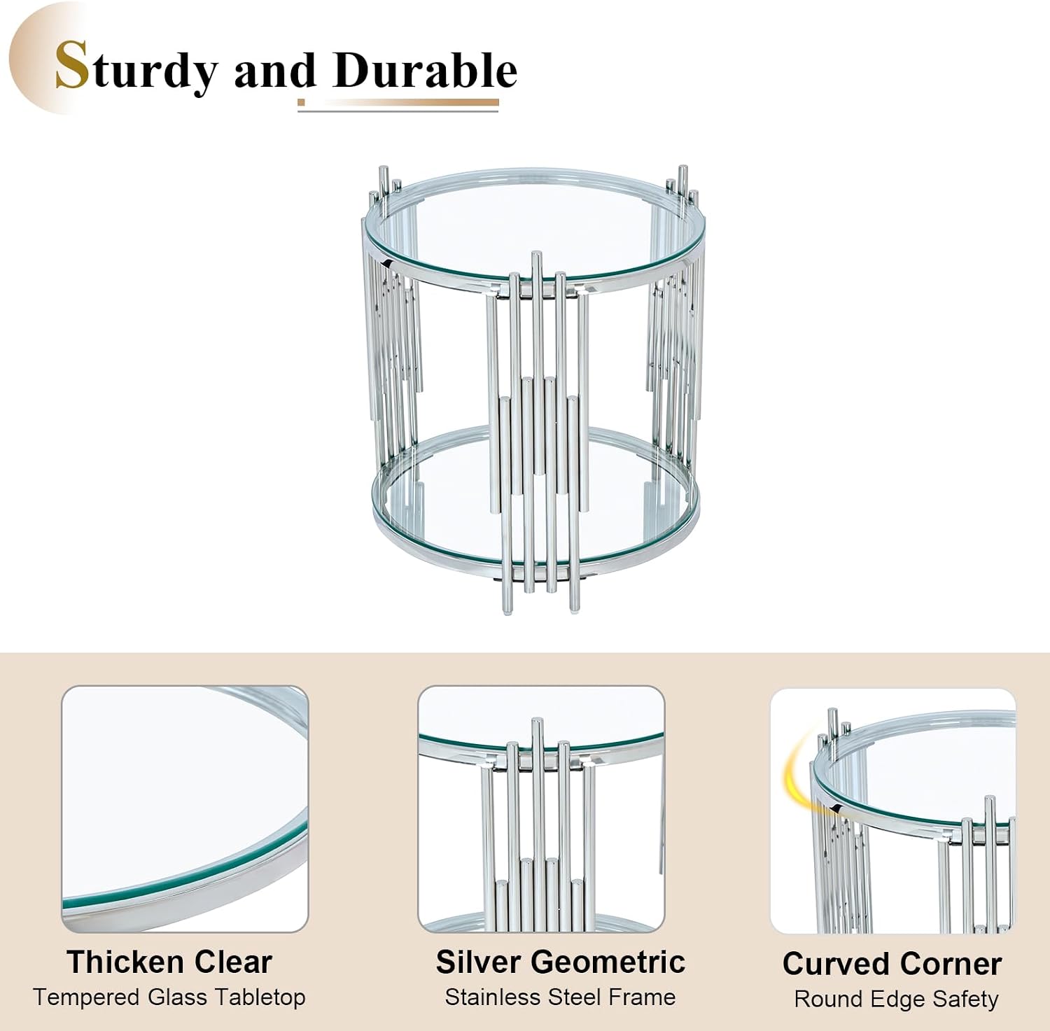 Round Glass End Table, 19.7' Circle Sofa Side Table with Silver Stainless Steel Base, Clear Glass Accent End Table Bedside Table Nightstand for Living Room Bedroom Office