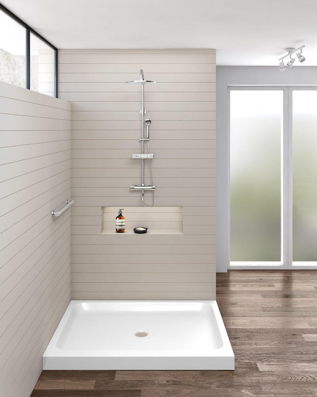 Fine Fixtures 42' x 30' Double Threshold Acrylic Shower Base with Non-Slip Textured Surface Left Hand Flange and Drain - Durable White Shower Floor Pan for Safe, Reliable Bathroom Use
