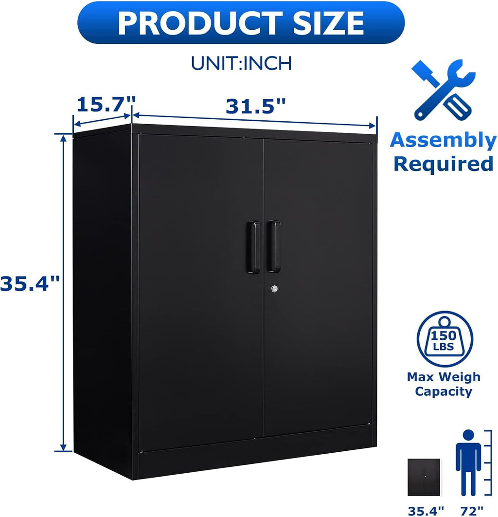 36' H Metal Garage Cabinet, 2 Doors Storage Cabinets, Steel Utility Tool Caninet, Short Locking Caninets with Adjustable Shelves, Black Lockable File Cabnet Cupboard for Home/Office/School/Shop